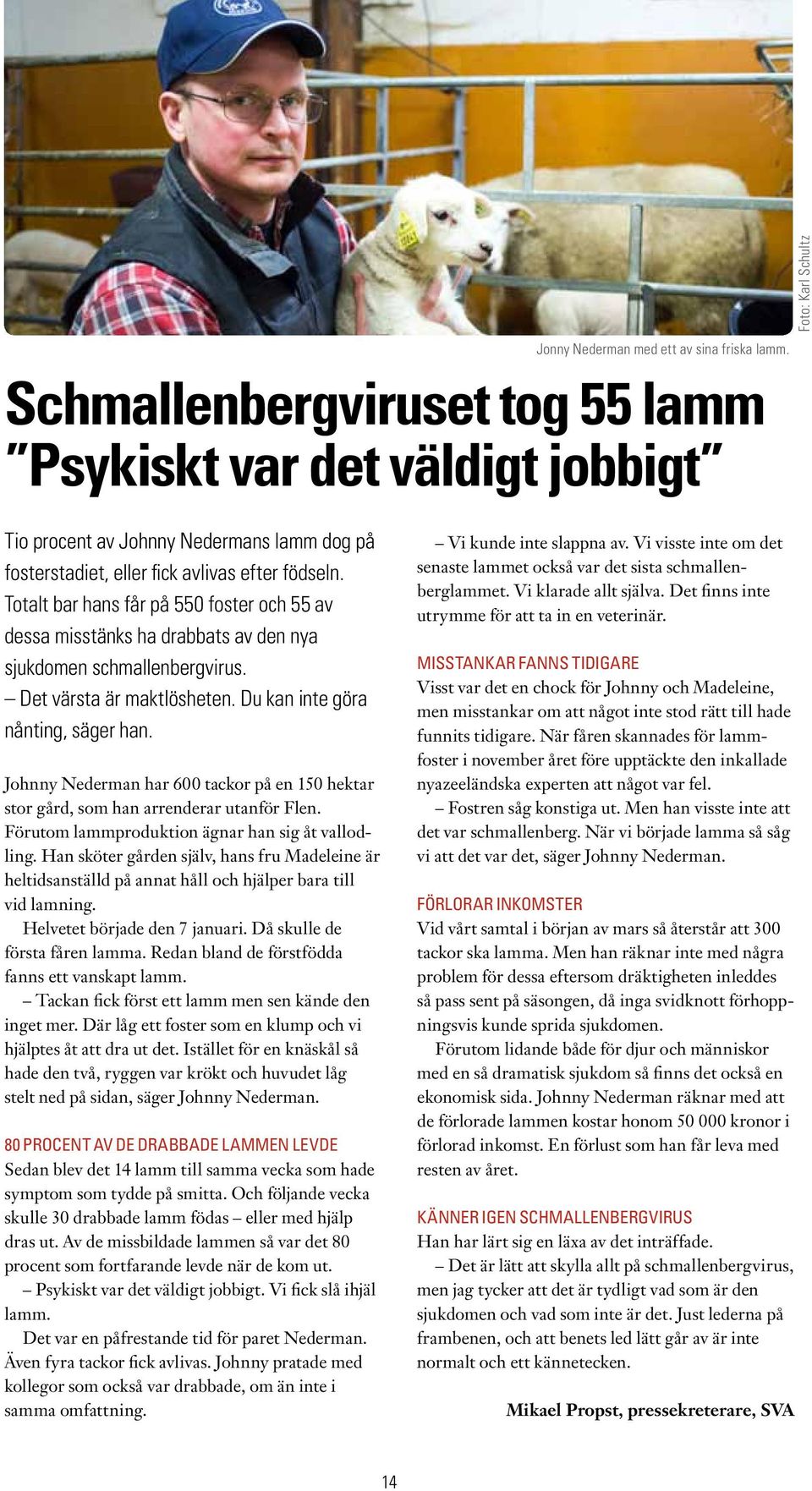Totalt bar hans får på 550 foster och 55 av dessa misstänks ha drabbats av den nya sjukdomen schmallenbergvirus. Det värsta är maktlösheten. Du kan inte göra nånting, säger han.