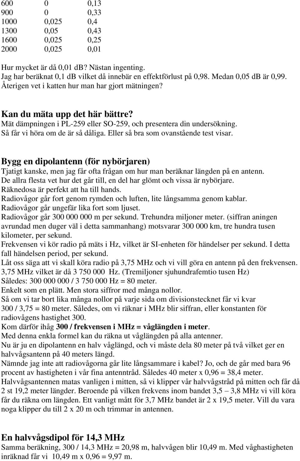 Så får vi höra om de är så dåliga. Eller så bra som ovanstående test visar. Bygg en dipolantenn (för nybörjaren) Tjatigt kanske, men jag får ofta frågan om hur man beräknar längden på en antenn.