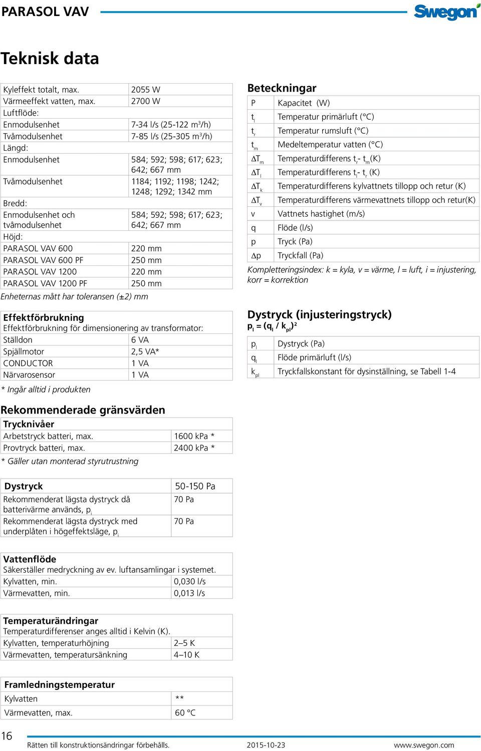 1292; 1342 mm Bredd: Enmodulsenhet och 584; 592; 598; 617; 623; tvåmodulsenhet 642; 667 mm Höjd: 600 220 mm 600 PF 250 mm 1200 220 mm 1200 PF 250 mm Enheternas mått har toleransen (±2) mm