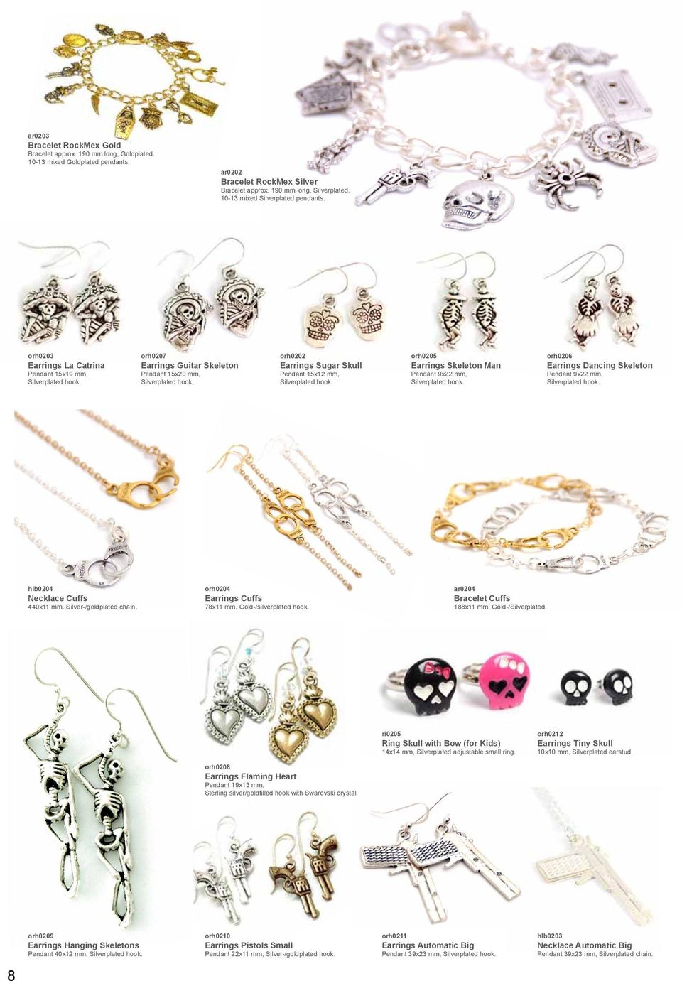 orh0202 Earrings Sugar Skull Pendant 15x12 mm, Silverplated hook. orh0205 Earrings Skeleton Man Pendant 9x22 mm, Silverplated hook.