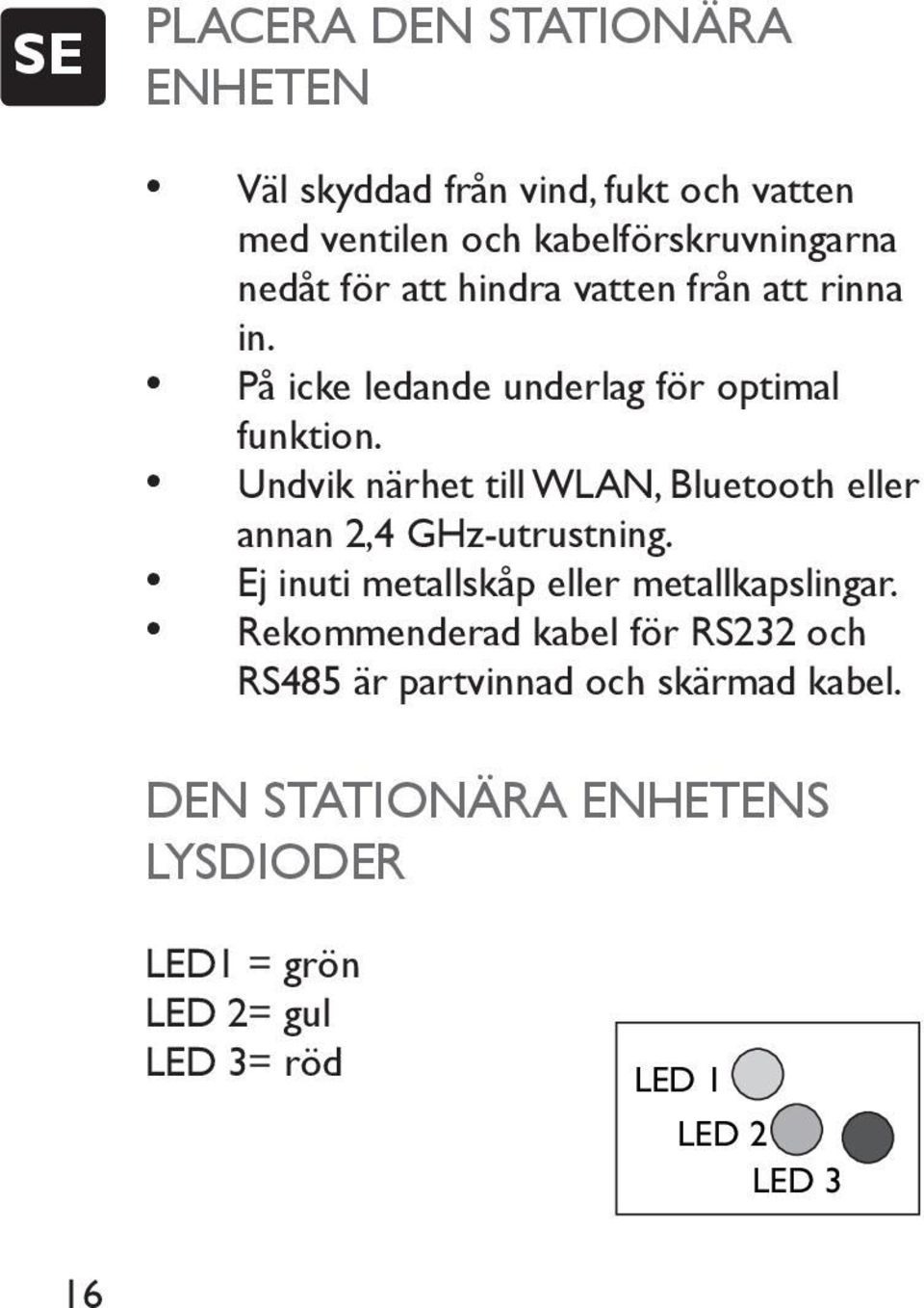 Undvik närhet till WLAN, Bluetooth eller annan 2,4 GHz-utrustning. Ej inuti metallskåp eller metallkapslingar.