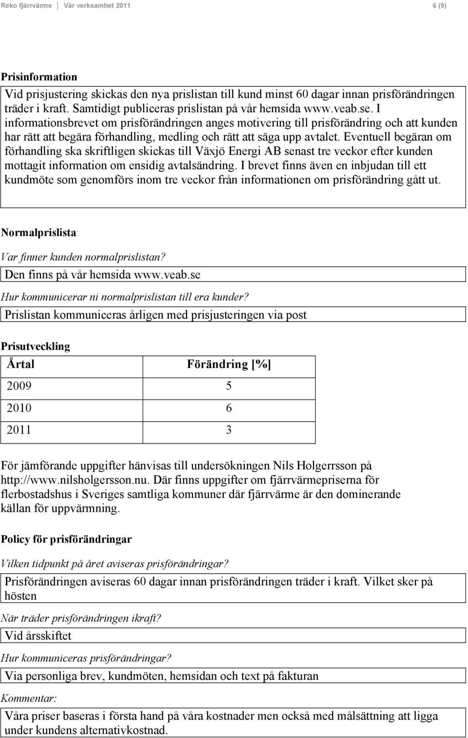 I informationsbrevet om prisförändringen anges motivering till prisförändring och att kunden har rätt att begära förhandling, medling och rätt att säga upp avtalet.