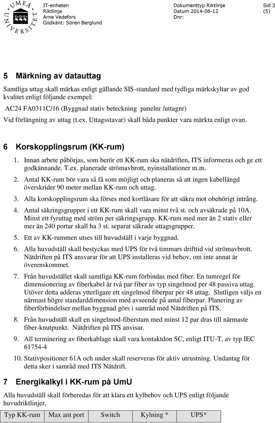 Innan arbete påbörjas, som berör ett KK-rum ska nätdriften, ITS informeras och ge ett godkännande. T.ex. planerade strömavbrott, nyinstallationer m.m. 2.