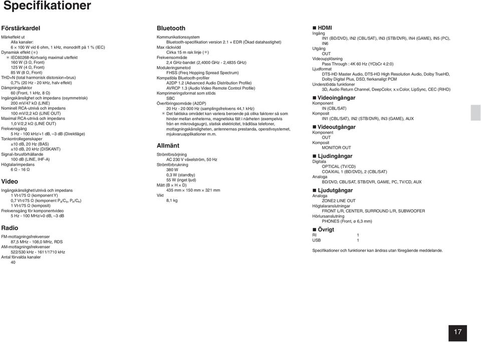 Tonkontrollegenskaper ±10 db, 20 Hz (BAS) ±10 db, 20 khz (DISKANT) Signal-/brusförhållande 100 db (LINE, IHF-A) Högtalarimpedans Video Ingångskänslighet/utnivå och impedans B/C B, P R/C R)