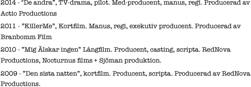 Producerad av Branbomm Film 2010 - Mig Älskar ingen Långfilm. Producent, casting, scripta.