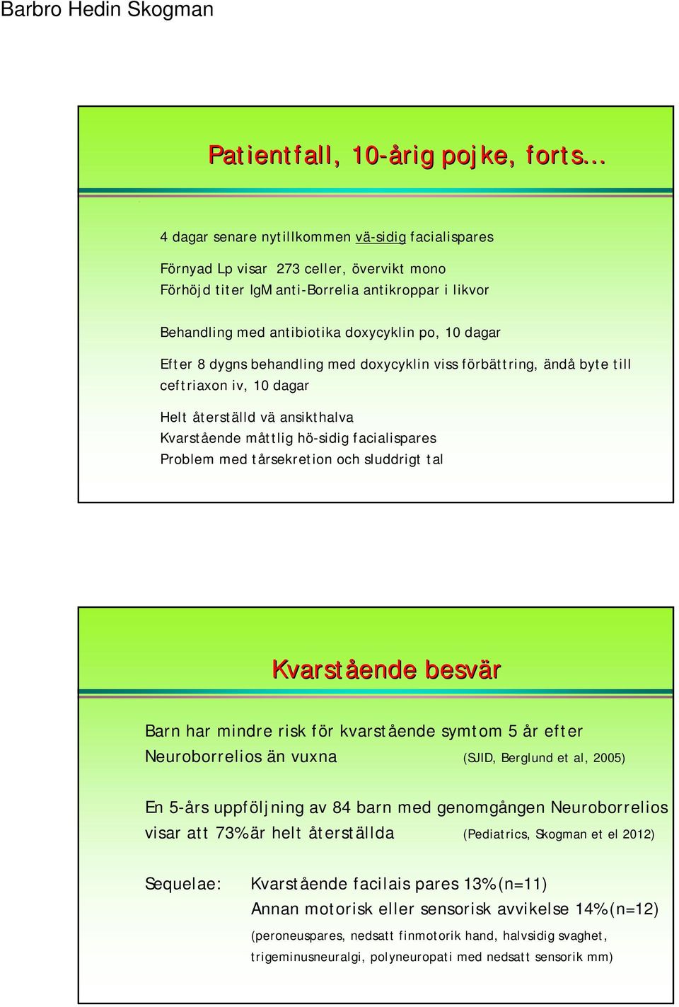 facialispares Problem med tårsekretion och sluddrigt tal Kvarstående besvär Barn har mindre risk för kvarstående symtom 5 år efter Neuroborrelios än vuxna (SJID, Berglund et al, 2005) En 5-års