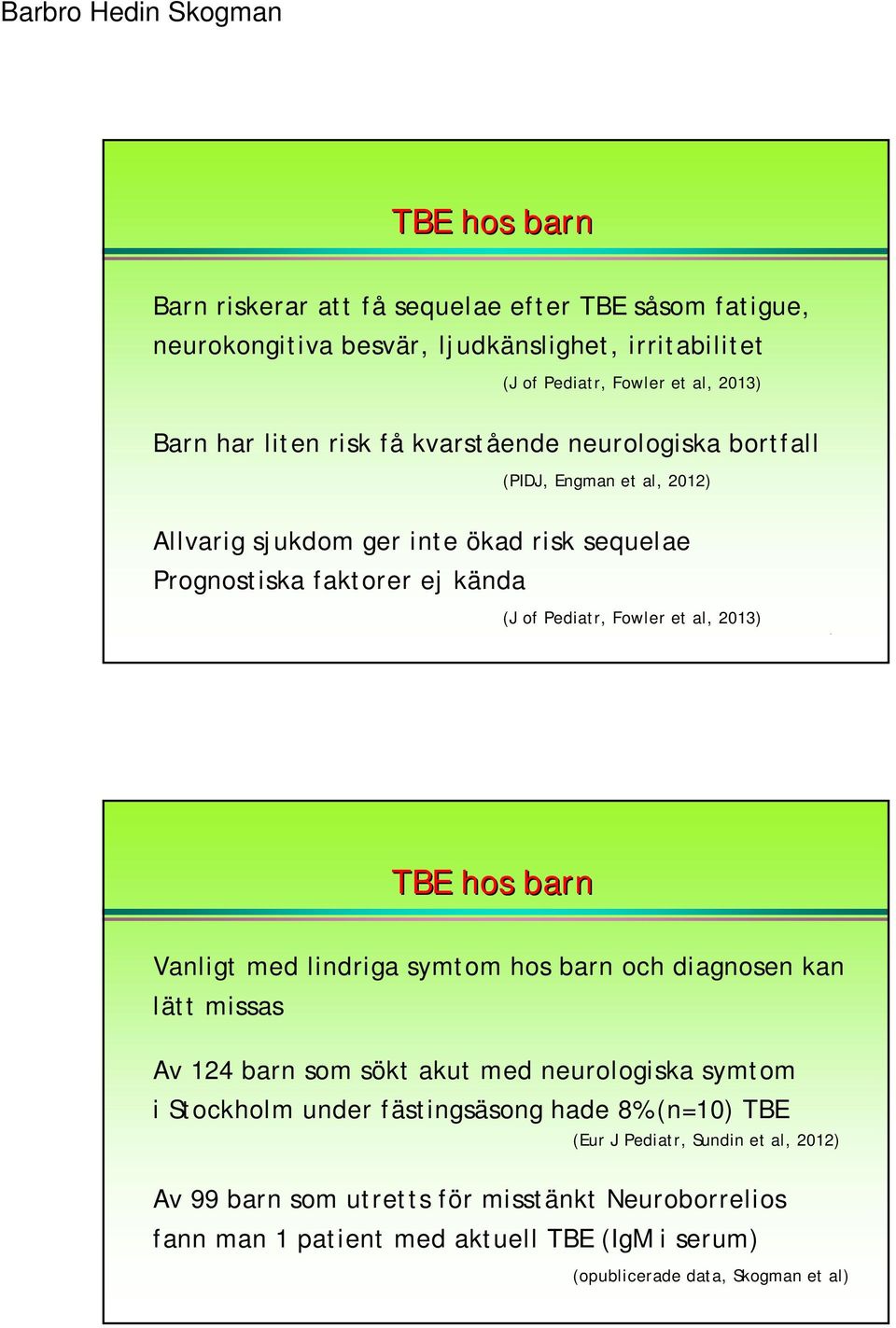 TBE hos barn Vanligt med lindriga symtom hos barn och diagnosen kan lätt missas Av 124 barn som sökt akut med neurologiska symtom i Stockholm under fästingsäsong hade 8%