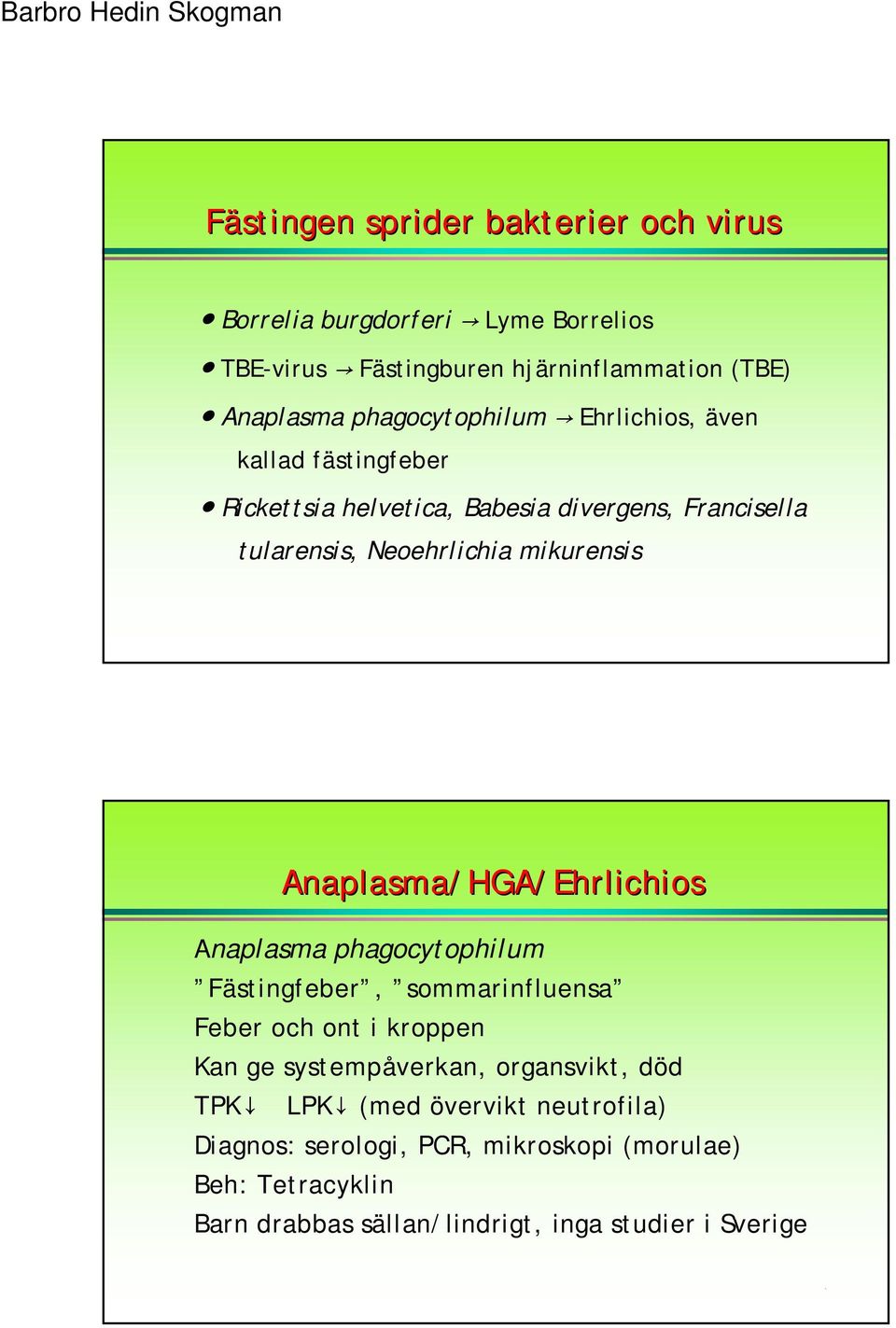 Anaplasma/HGA/ /HGA/Ehrlichios Anaplasma phagocytophilum Fästingfeber, sommarinfluensa Feber och ont i kroppen Kan ge systempåverkan,