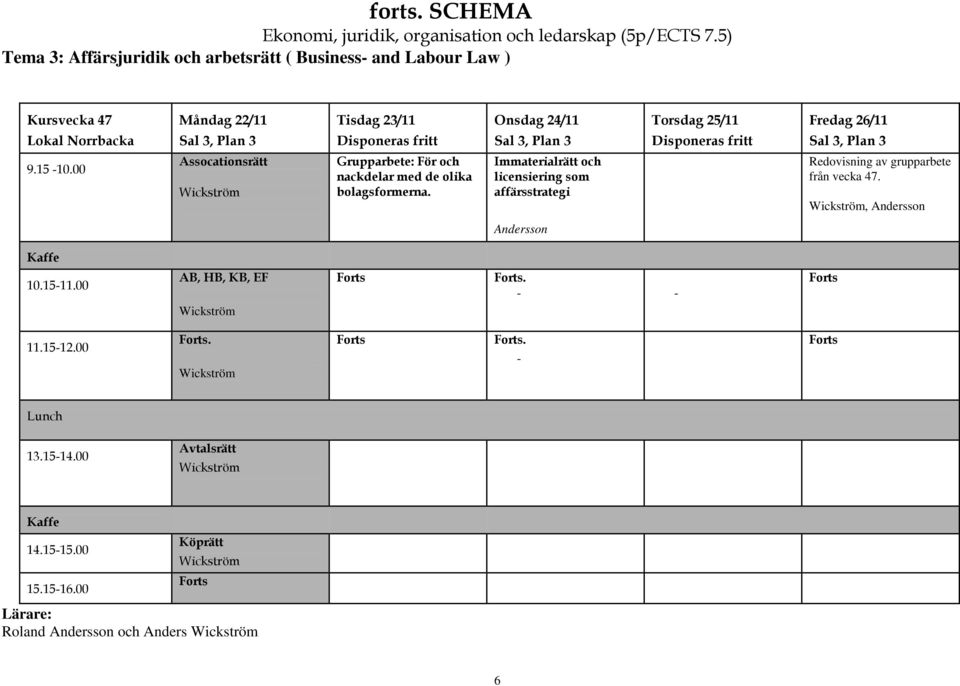 26/11 Lokal Norrbacka Disponeras fritt Disponeras fritt 9.15-10.00 Assocationsrätt För och nackdelar med de olika bolagsformerna.