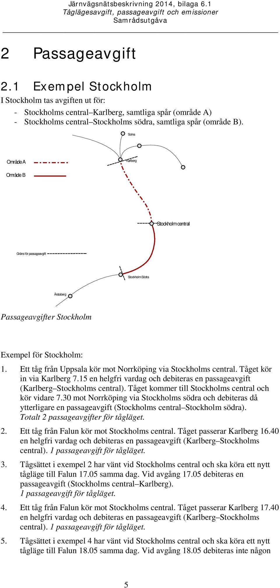 Ett tåg från Uppsala kör mot Norrköping via Stockholms central. Tåget kör in via Karlberg 7.15 en helgfri vardag och debiteras en passageavgift (Karlberg Stockholms central).