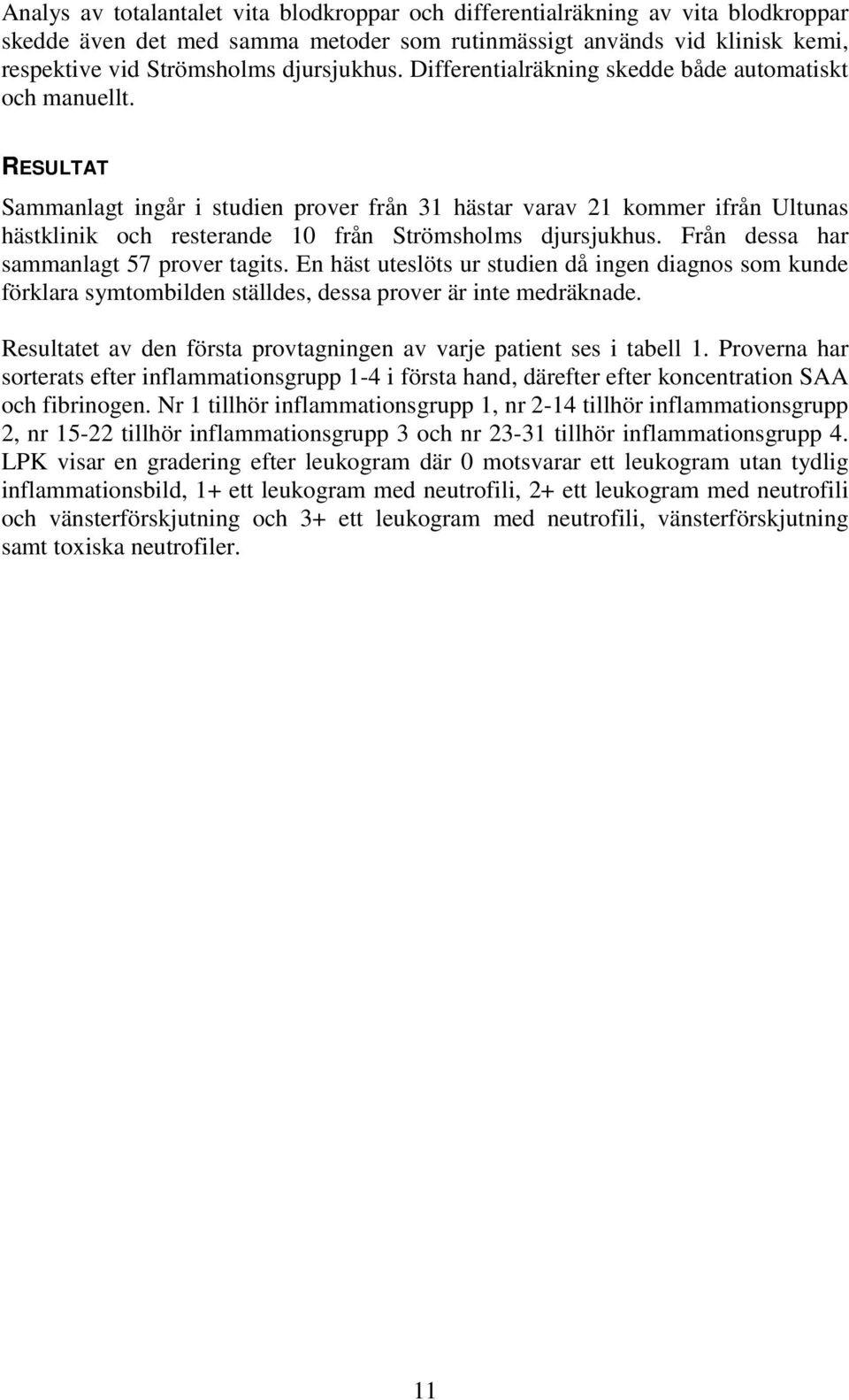 RESULTAT Sammanlagt ingår i studien prover från 31 hästar varav 21 kommer ifrån Ultunas hästklinik och resterande 10 från Strömsholms djursjukhus. Från dessa har sammanlagt 57 prover tagits.