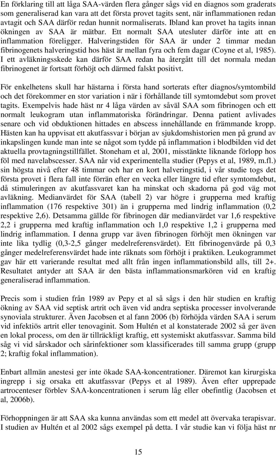 Halveringstiden för SAA är under 2 timmar medan fibrinogenets halveringstid hos häst är mellan fyra och fem dagar (Coyne et al, 1985).