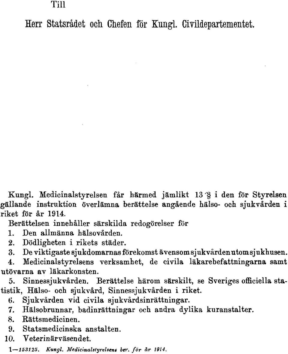 Medicinalstyrelsens verksamhet, de civila läkarebefattningarna samt utövarna av läkarkonsten. 5. Sinnessjukvården.