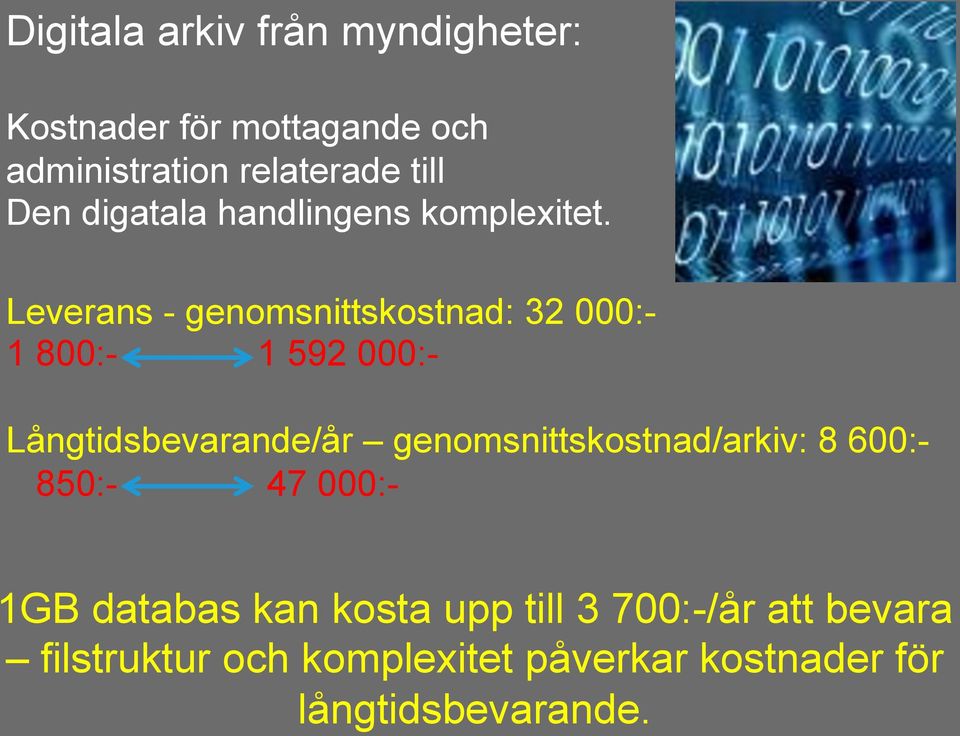 Leverans - genomsnittskostnad: 32 000:- 1 800:- 1 592 000:- Långtidsbevarande/år