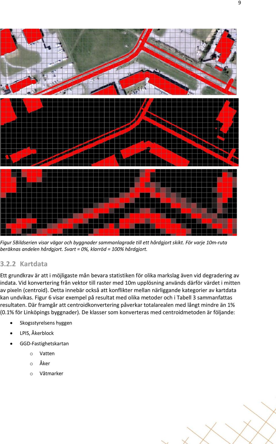 Vid konvertering från vektor till raster med 10m upplösning används därför värdet i mitten av pixeln (centroid).
