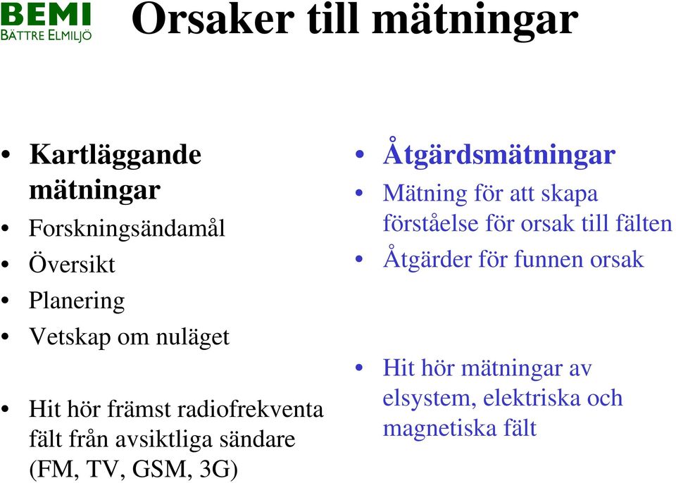 TV, GSM, 3G) Åtgärdsmätningar Mätning för att skapa förståelse för orsak till fälten