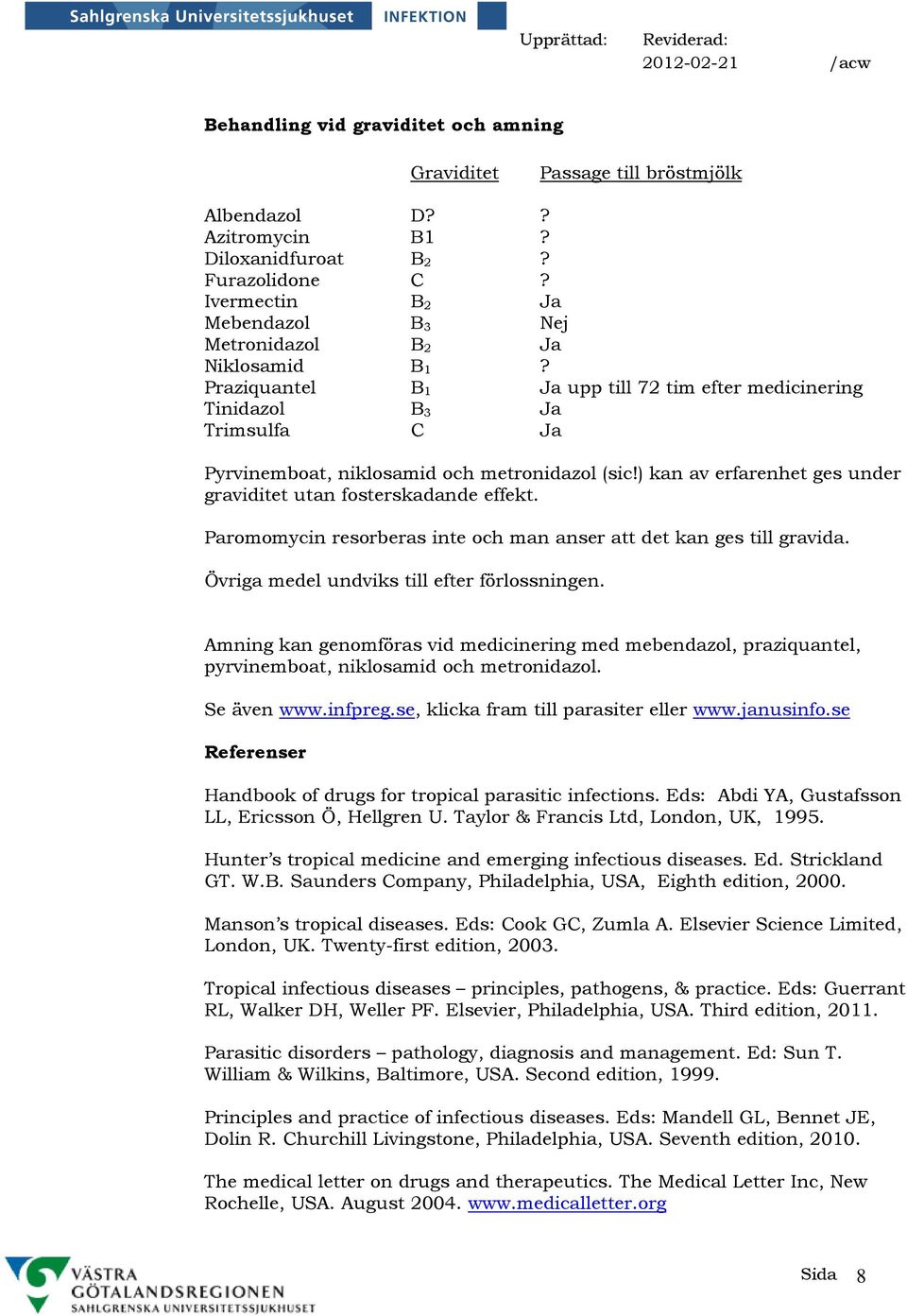 Praziquantel B 1 Ja upp till 72 tim efter medicinering Tinidazol B 3 Ja Trimsulfa C Ja Pyrvinemboat, niklosamid och metronidazol (sic!