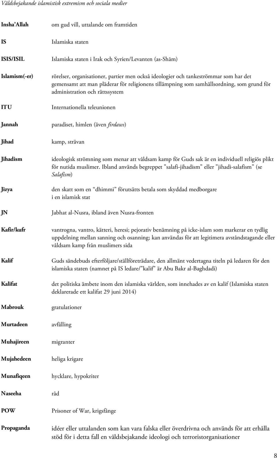 religionens tillämpning som samhällsordning, som grund för administration och rättssystem Internationella teleunionen paradiset, himlen (även firdaws) kamp, strävan ideologisk strömning som menar att