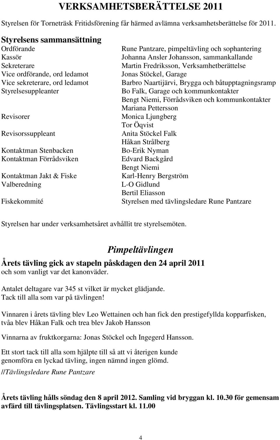 Förrådsviken Kontaktman Jakt & Fiske Valberedning Fiskekommité Rune Pantzare, pimpeltävling och sophantering Johanna Ansler Johansson, sammankallande Martin Fredriksson, Verksamhetberättelse Jonas