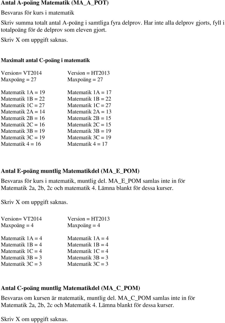 Maximalt antal C-poäng i matematik Maxpoäng = 27 Maxpoäng = 27 Matematik 1A = 19 Matematik 1A = 17 Matematik 1B = 22 Matematik 1B = 22 Matematik 1C = 27 Matematik 1C = 27 Matematik 2A = 14 Matematik