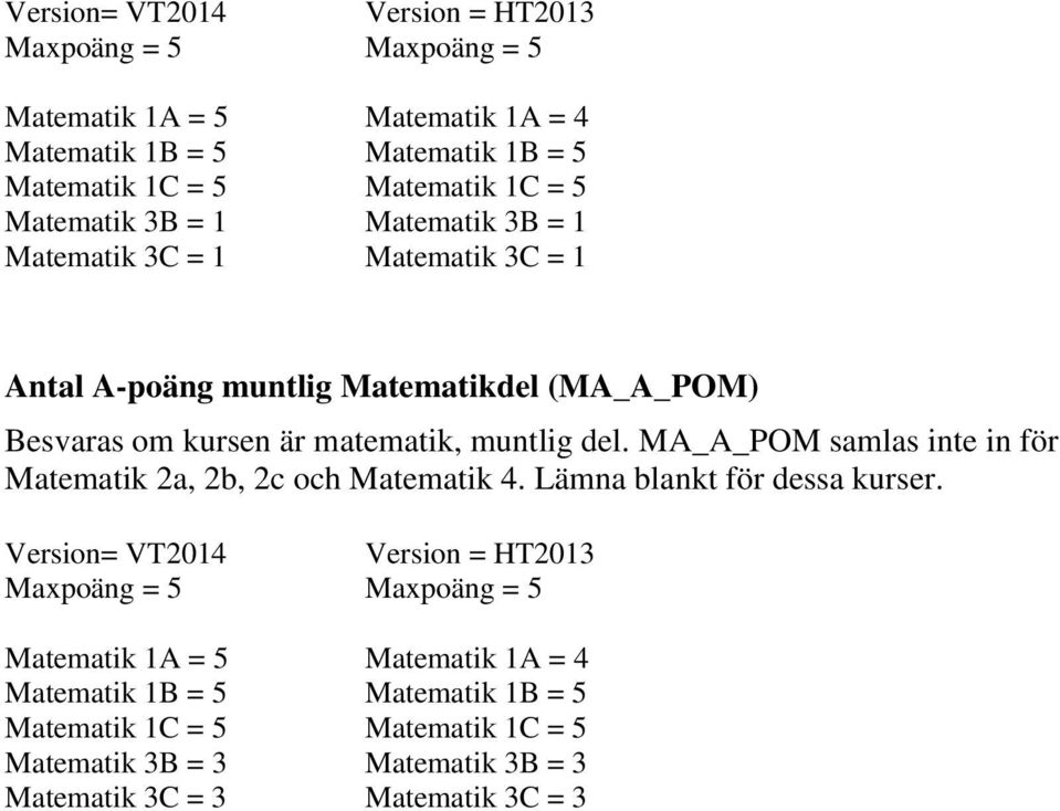 MA_A_POM samlas inte in för Matematik 2a, 2b, 2c och Matematik 4. Lämna blankt för dessa kurser.