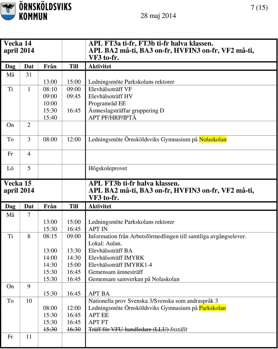 Örnsköldsviks Gymnasium på Nolaskolan Fr 4 Lö 5 Högskoleprovet Vecka 15 april 2014 APL FT3b ti-fr halva klassen.