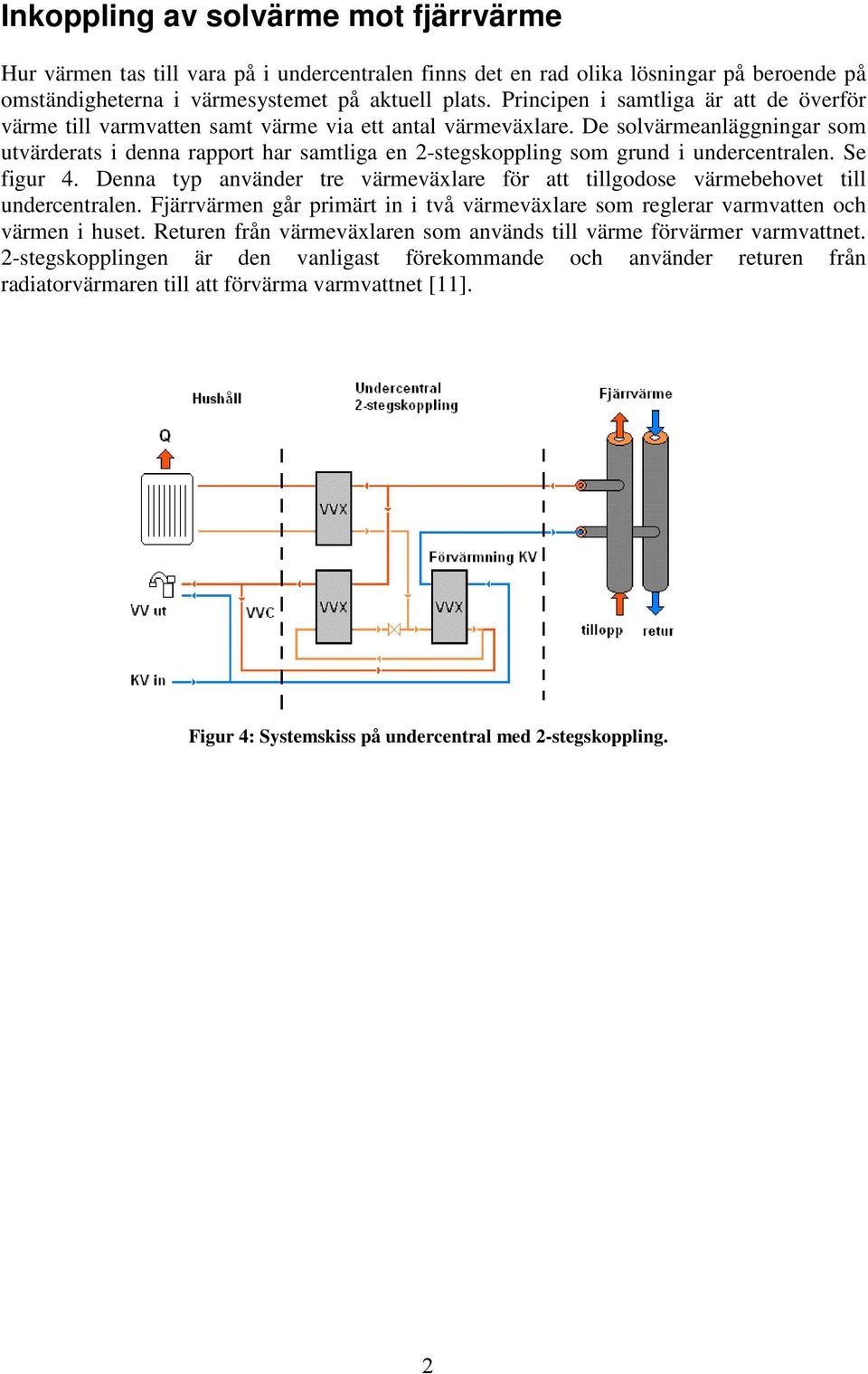 De solvärmeanläggningar som utvärderats i denna rapport har samtliga en 2-stegskoppling som grund i undercentralen. Se figur 4.