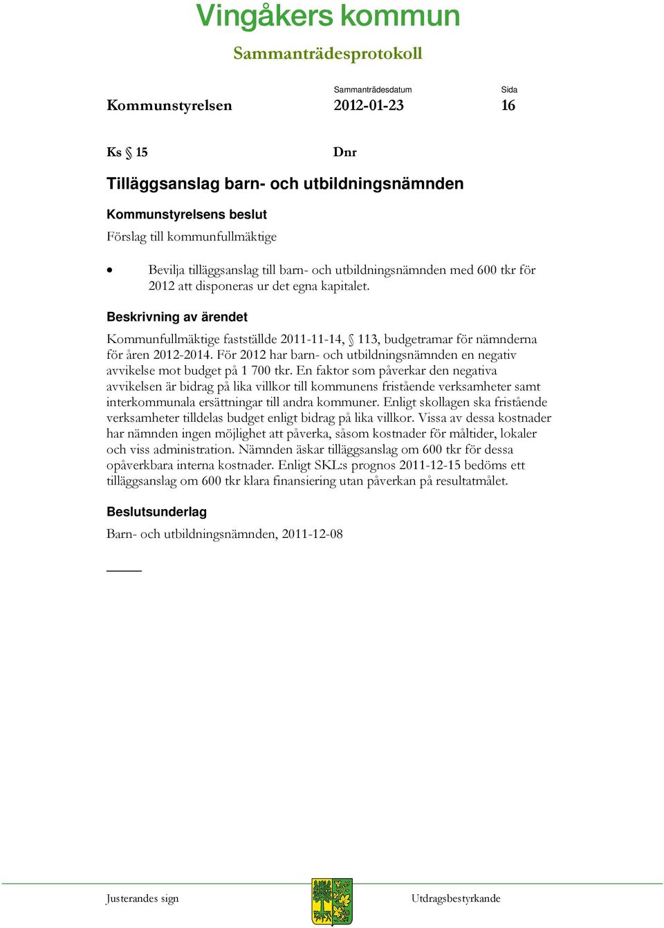 För 2012 har barn- och utbildningsnämnden en negativ avvikelse mot budget på 1 700 tkr.