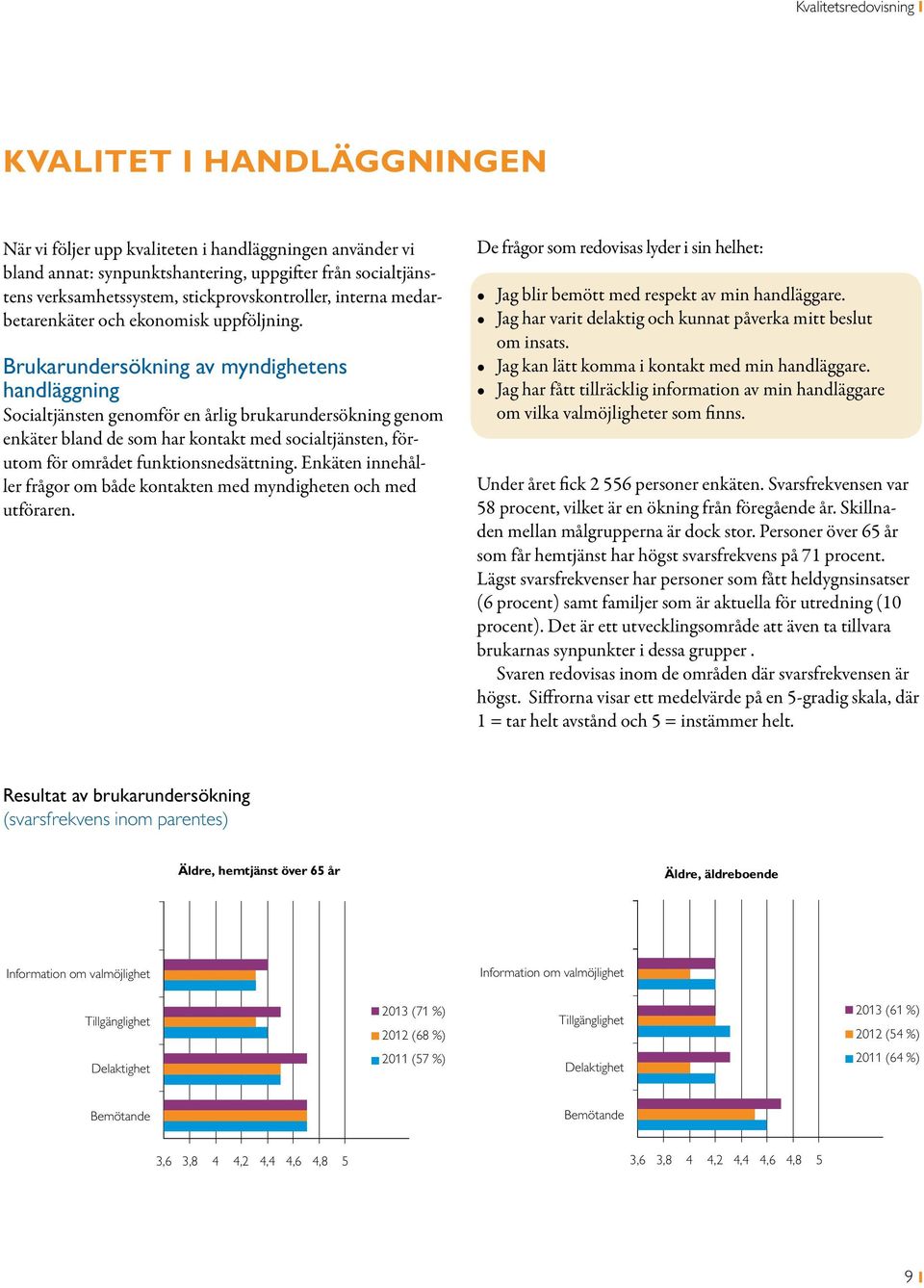 Brukarundersökning av myndighetens handläggning Socialtjänsten genomför en årlig brukarundersökning genom enkäter bland de som har kontakt med socialtjänsten, förutom för området funktionsnedsättning.