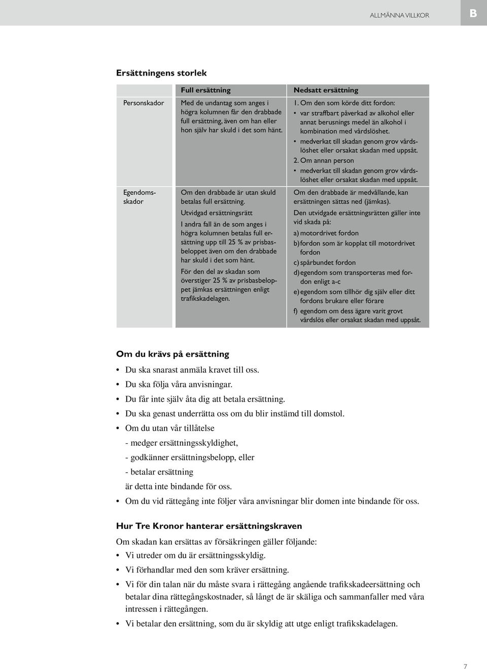 Utvidgad ersättningsrätt I andra fall än de som anges i högra kolumnen betalas full ersättning upp till 25 % av prisbasbeloppet även om den drabbade har skuld i det som hänt.