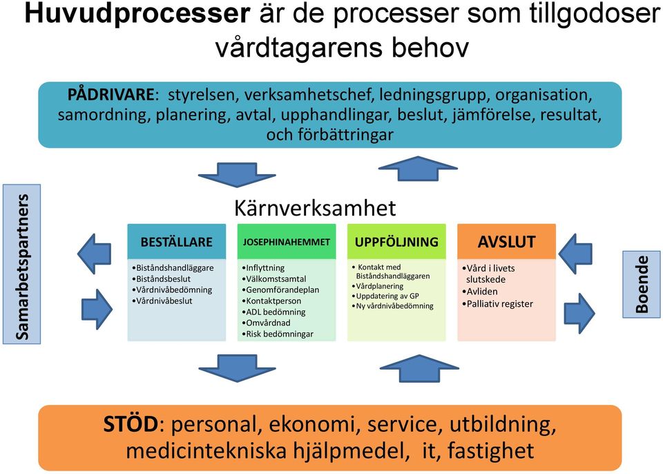 Biståndsbeslut Vårdnivåbedömning Vårdnivåbeslut Inflyttning Välkomstsamtal Genomförandeplan Kontaktperson ADL bedömning Omvårdnad Risk bedömningar Kontakt med