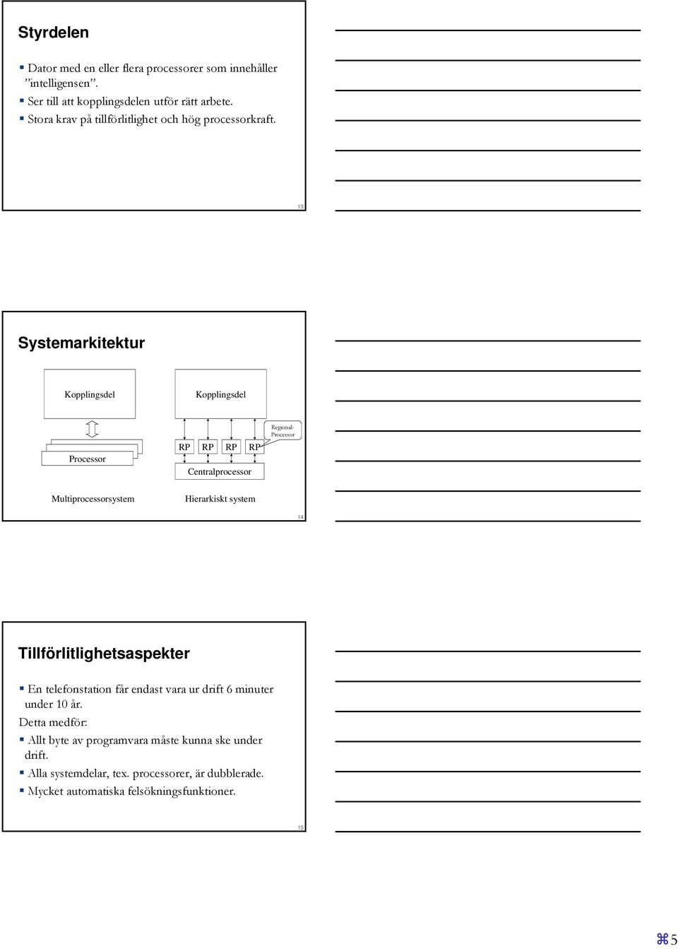 13 Systemarkitektur Kopplingsdel Kopplingsdel Processor RP RP RP RP Centralprocessor Regional- Processor Multiprocessorsystem Hierarkiskt system