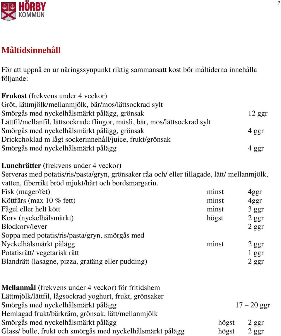 sockerinnehåll/juice, frukt/grönsak Smörgås med nyckelhålsmärkt pålägg 12 ggr 4 ggr 4 ggr Lunchrätter (frekvens under 4 veckor) Serveras med potatis/ris/pasta/gryn, grönsaker råa och/ eller