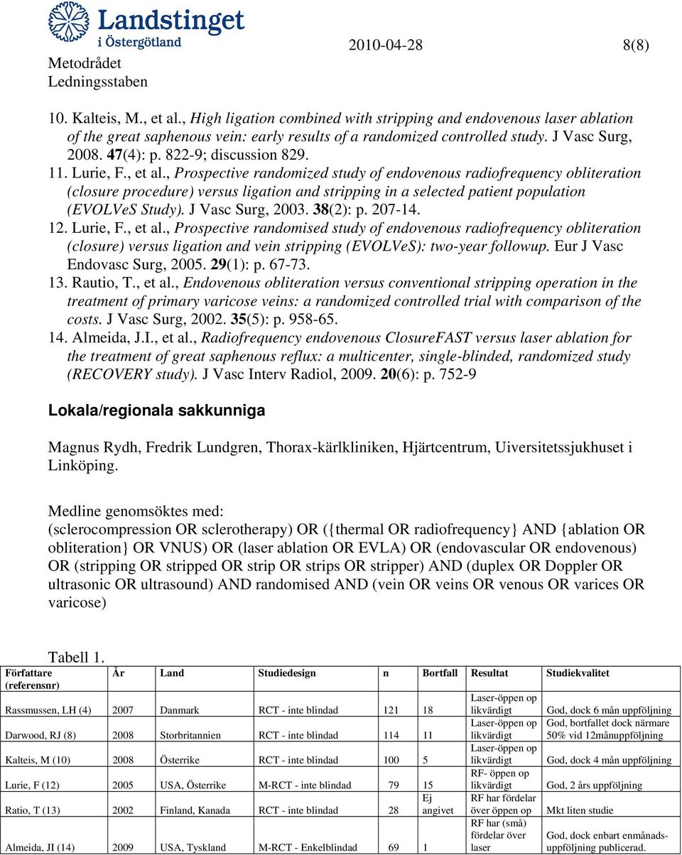 , Prospective randomized study of endovenous radiofrequency obliteration (closure procedure) versus ligation and stripping in a selected patient population (EVOLVeS Study). J Vasc Surg, 2003.