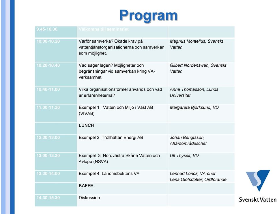 30 Exempel 1: Vatten och Miljö i Väst AB (VIVAB) Magnus Montelius, Svenskt Vatten Gilbert Nordenswan, Svenskt Vatten Anna Thomasson, Lunds Universitet Margareta Björksund, VD LUNCH 12.30-13.