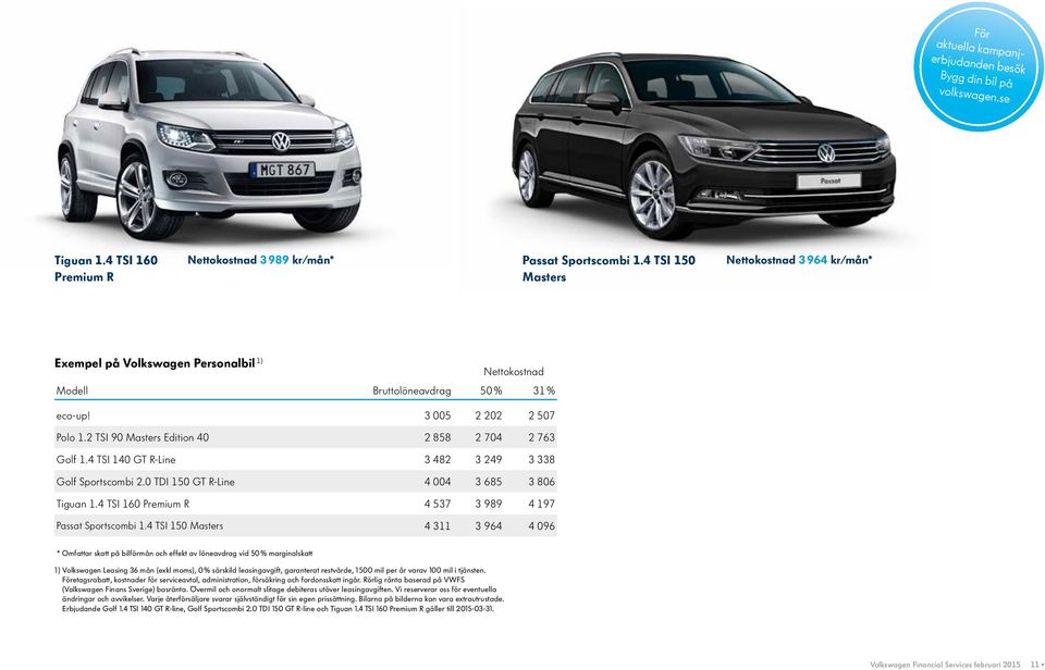 2 TSI 90 Masters Edition 40 2 858 2 704 2 763 Golf 1.4 TSI 140 GT R-Line 3 482 3 249 3 338 Golf Sportscombi 2.0 TDI 150 GT R-Line 4 004 3 685 3 806 Tiguan 1.