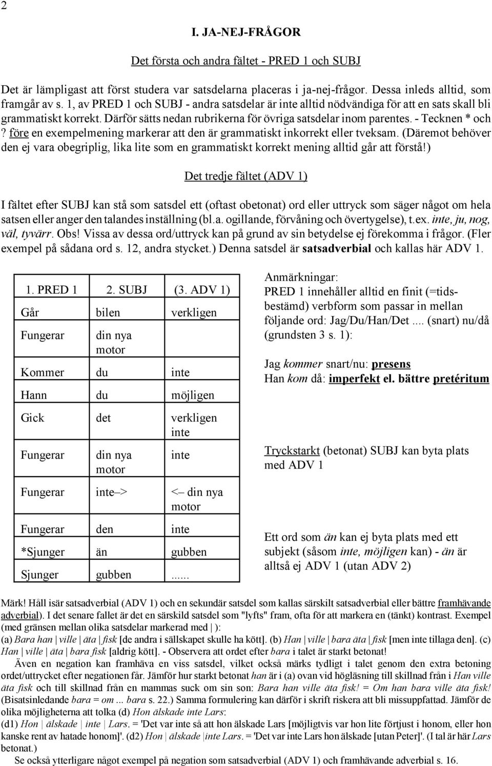 före en exempelmening markerar att den är grammatiskt inkorrekt eller tveksam. (Däremot behöver den ej vara obegriplig, lika lite som en grammatiskt korrekt mening alltid går att förstå!