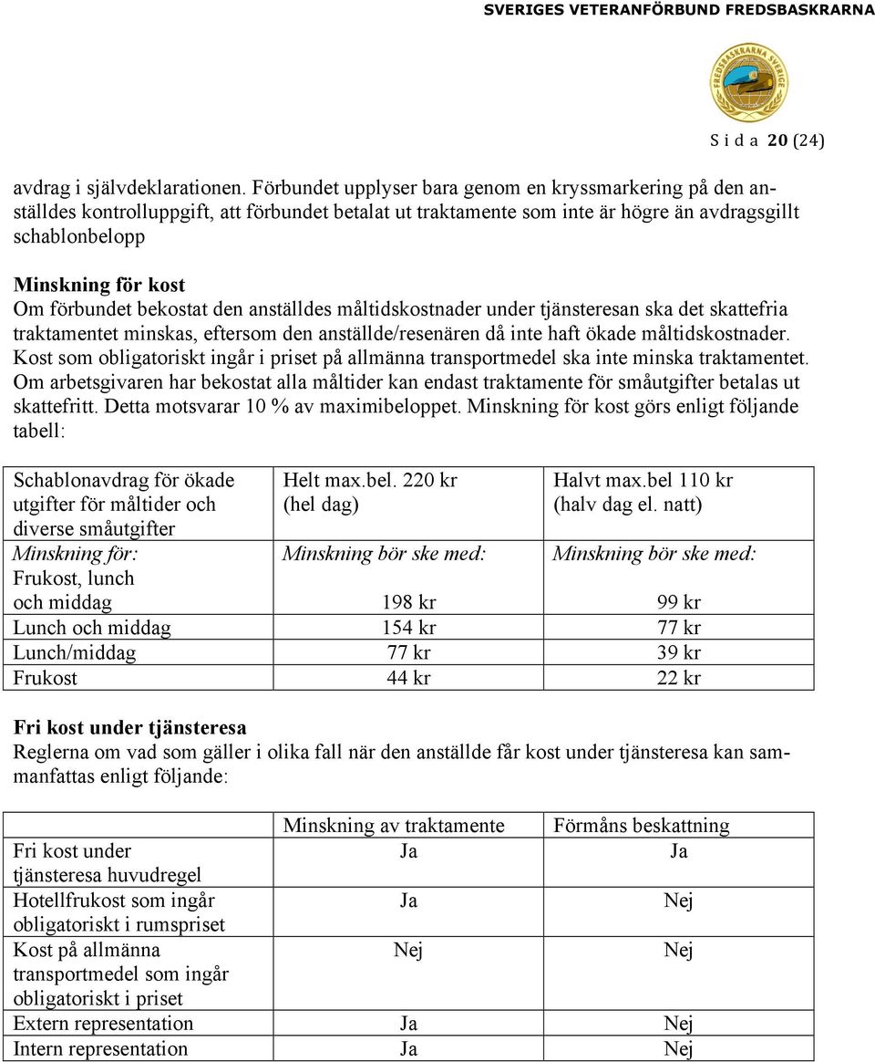 förbundet bekostat den anställdes måltidskostnader under tjänsteresan ska det skattefria traktamentet minskas, eftersom den anställde/resenären då inte haft ökade måltidskostnader.