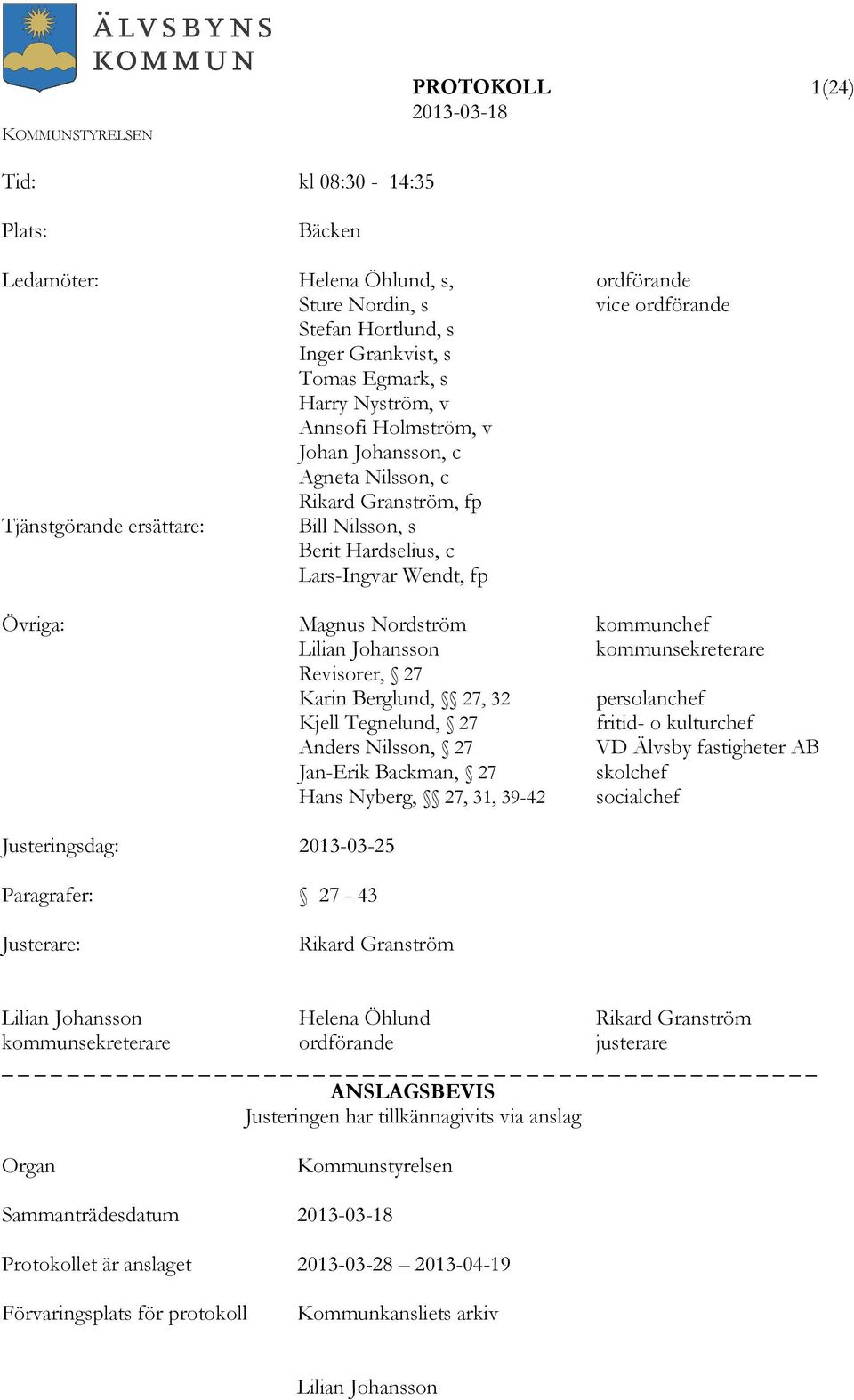 Lilian Johansson kommunsekreterare Revisorer, 27 Karin Berglund, 27, 32 persolanchef Kjell Tegnelund, 27 fritid- o kulturchef Anders Nilsson, 27 VD Älvsby fastigheter AB Jan-Erik Backman, 27 skolchef
