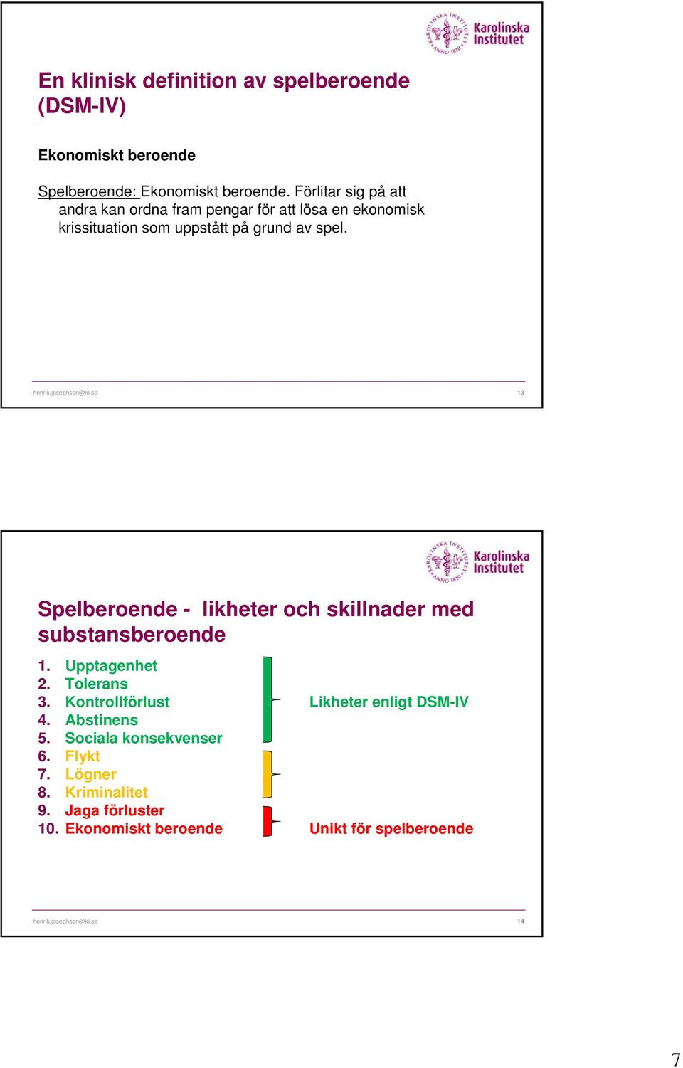 josephson@ki.se 13 Spelberoende - likheter och skillnader med substansberoende 1. Upptagenhet 2. Tolerans 3.