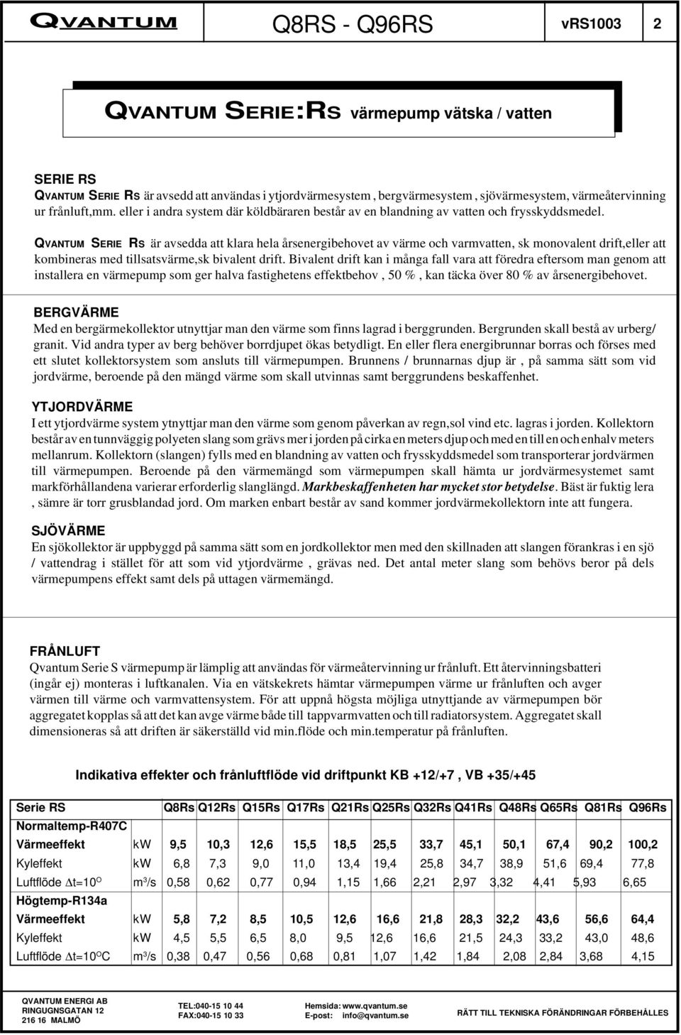 SERIE RS är avsedda att klara hela årsenergibehovet av värme och varmvatten, sk monovalent drift,eller att kombineras med tillsatsvärme,sk bivalent drift.