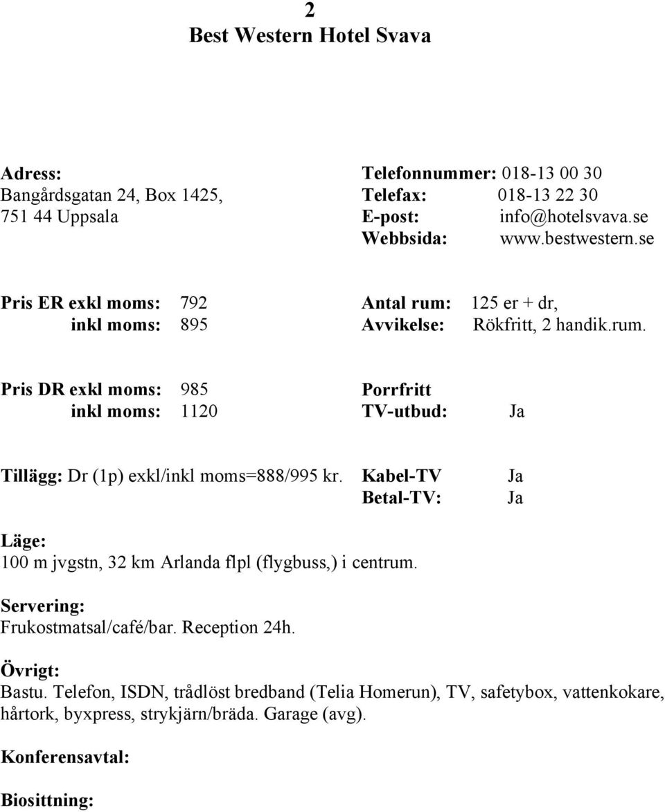 125 er + dr, Avvikelse: Rökfritt, 2 handik.rum. Pris DR exkl moms: 985 inkl moms: 1120 Tillägg: Dr (1p) exkl/inkl moms=888/995 kr.