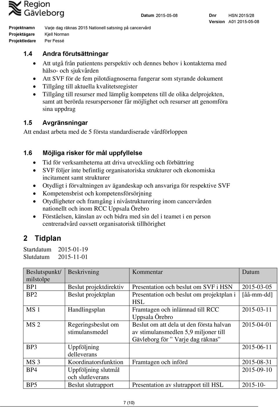 5 Avgränsningar Att endast arbeta med de 5 första standardiserade vårdförloppen 1.