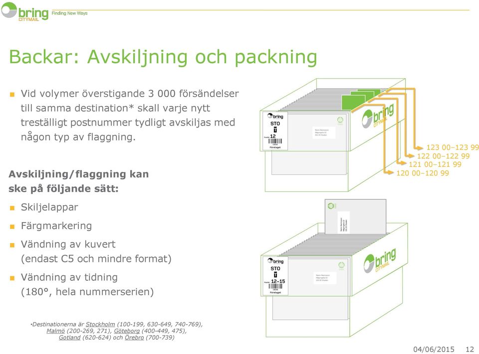 Avskiljning/flaggning kan ske på följande sätt: 123 00 123 99 122 00 122 99 121 00 121 99 120 00 120 99 Skiljelappar Färgmarkering Vändning av