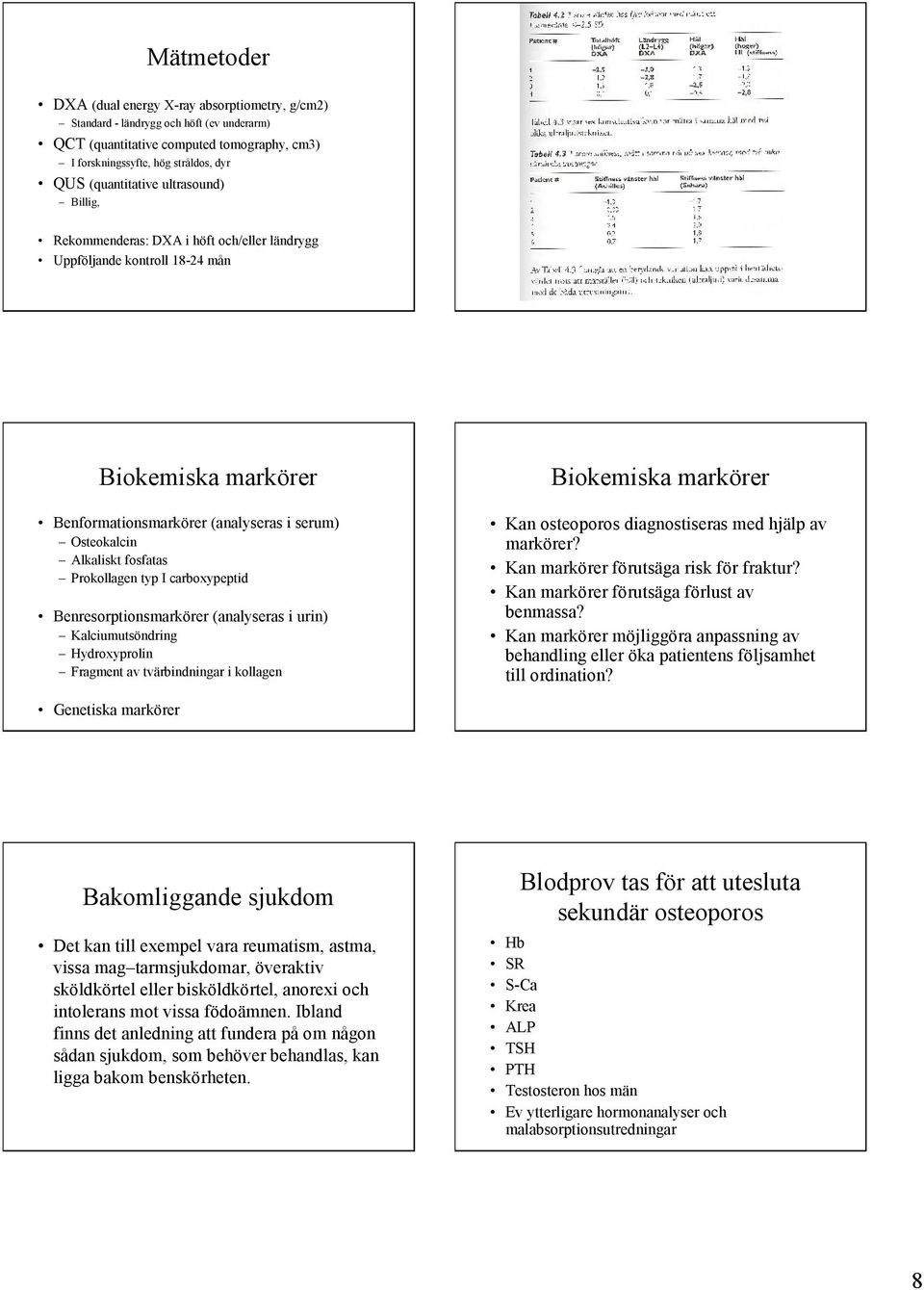 Prokollagen typ I carboxypeptid Benresorptionsmarkörer (analyseras i urin) Kalciumutsöndring Hydroxyprolin Fragment av tvärbindningar i kollagen Biokemiska markörer Kan osteoporos diagnostiseras med