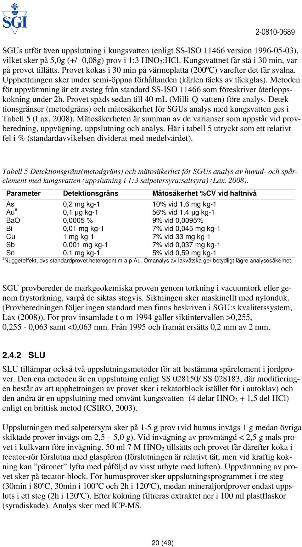 Metoden för uppvärmning är ett avsteg från standard SS-ISO 11466 som föreskriver återloppskokning under 2h. Provet späds sedan till 40 ml (Milli-Q-vatten) före analys.