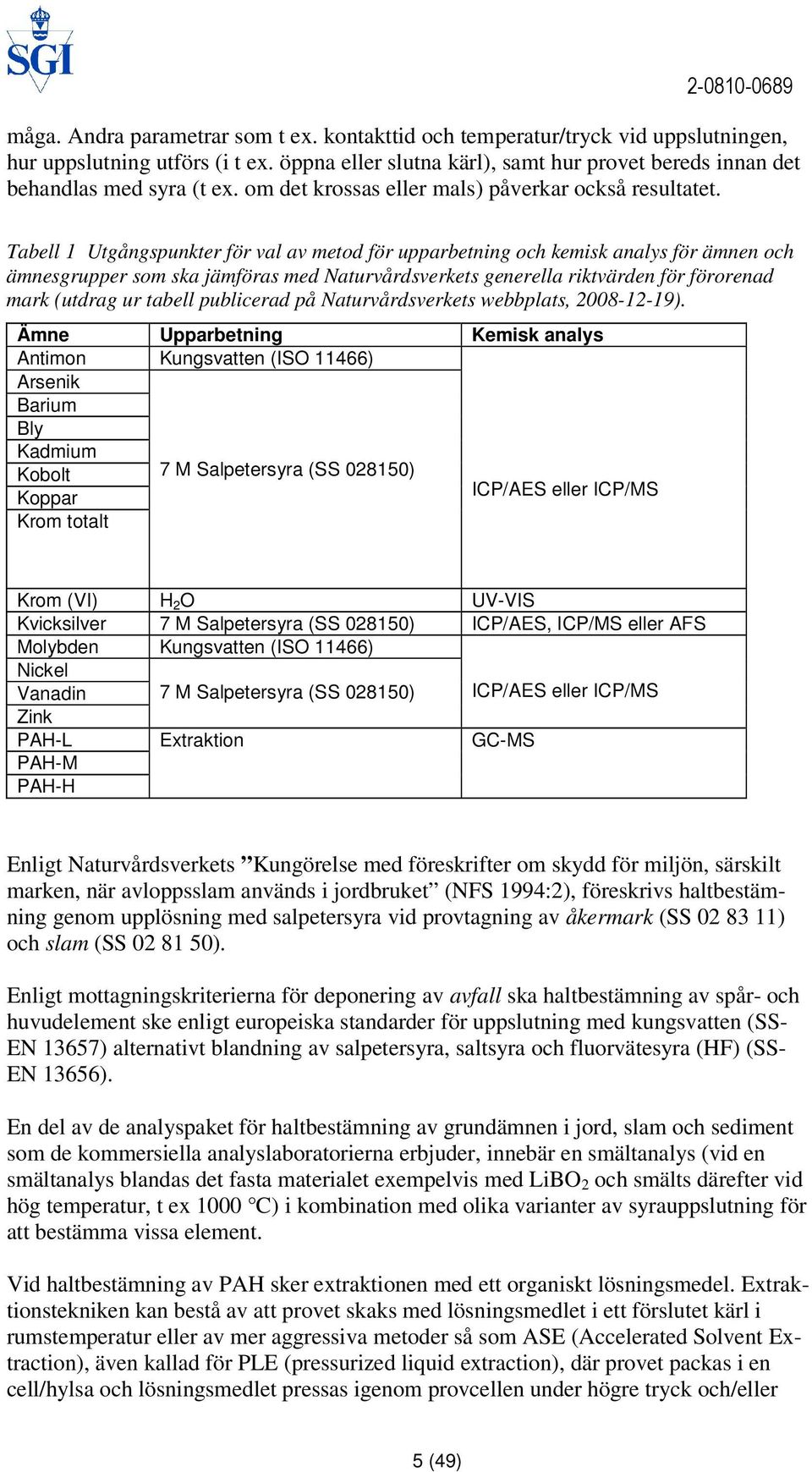 Tabell 1 Utgångspunkter för val av metod för upparbetning och kemisk analys för ämnen och ämnesgrupper som ska jämföras med Naturvårdsverkets generella riktvärden för förorenad mark (utdrag ur tabell
