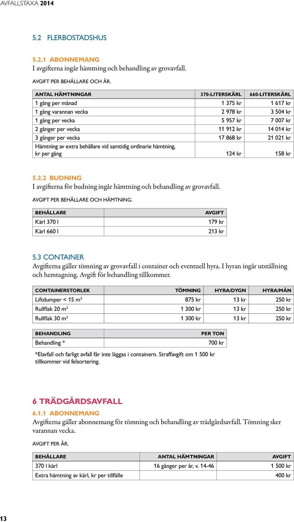 gånger per vecka 17 868 kr 21 021 kr Hämtning av extra behållare vid samtidig ordinarie hämtning, kr per gång 124 kr 158 kr 5.2.2 Budning I avgifterna för budning ingår hämtning och behandling av grovavfall.