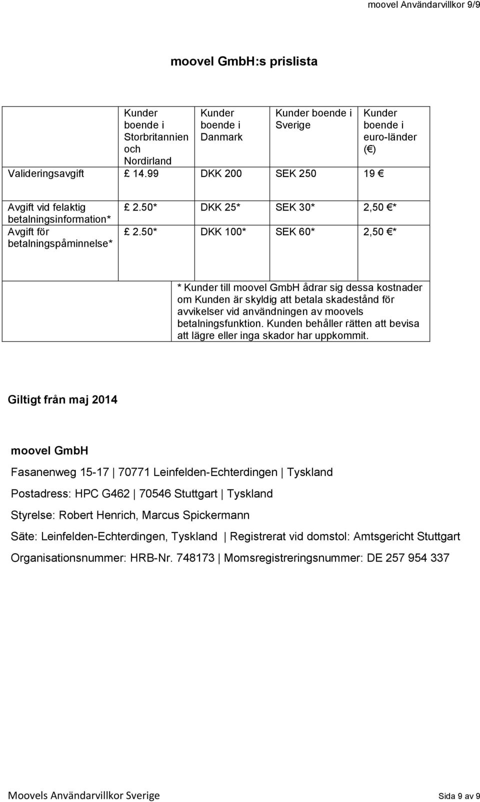 50* DKK 100* SEK 60* 2,50 * * Kunder till moovel GmbH ådrar sig dessa kostnader om Kunden är skyldig att betala skadestånd för avvikelser vid användningen av moovels betalningsfunktion.