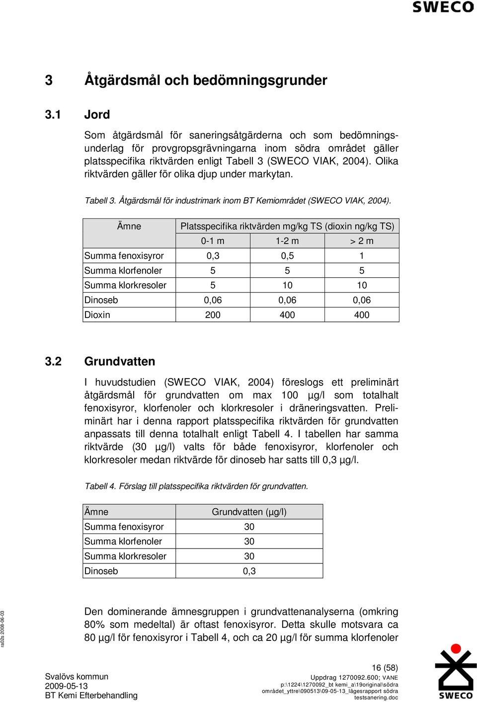 Olika riktvärden gäller för olika djup under markytan. Tabell 3. Åtgärdsmål för industrimark inom BT Kemiområdet (SWECO VIAK, 2004).